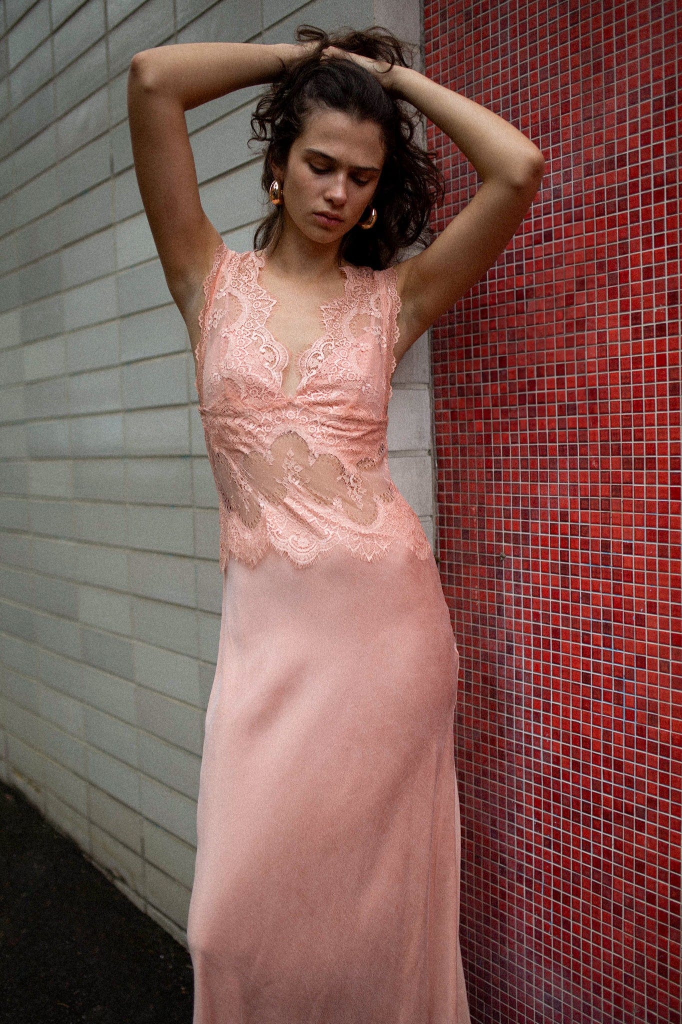 VISIONS LACE DEEP V MAXI DRESS | CORAL THIRD FORM - International VISIONS LACE DEEP V MAXI DRESS | CORAL THIRD FORM - International
