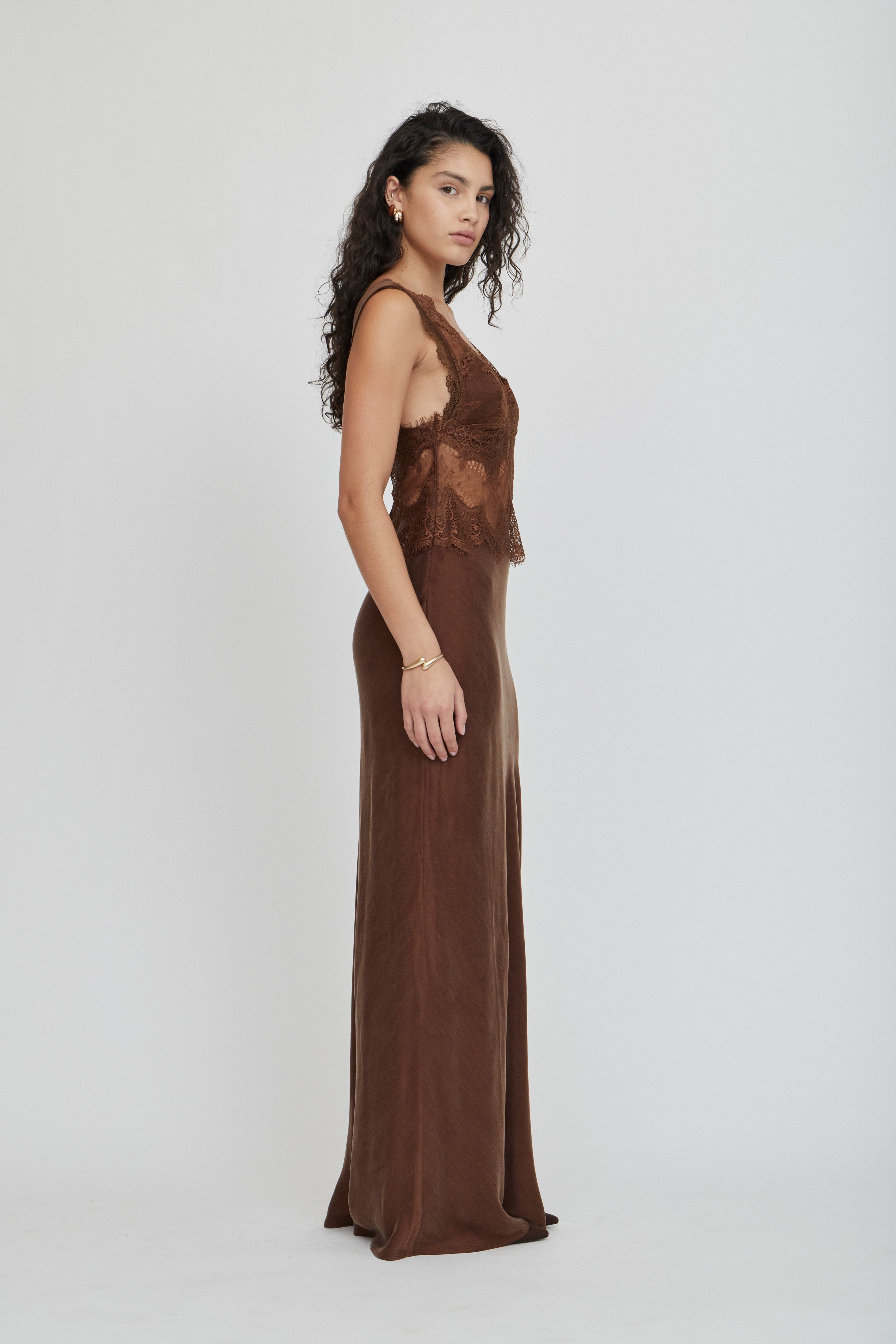 chocolate brown lace bridesmaid dresses Elitara Chocolate Brown,Winter,Elegant,Formal,Evening,Wedding Long Sleeve Lace Patchwork Stretch Fabric Ruched Fishtail Hem Maxi Dress For Bridesmaid Party