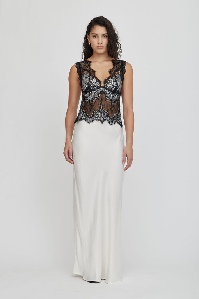 third form visions lace dress FLOOR LENGTH | IVORY & BLACK | | Women's Australian Fashion — THIRD FORM cut on the bias Materials:Chrome Pulls; Wood; Six Drawer; Lacquered Grasscloth Finish icon gown Eliza Dress 4 /