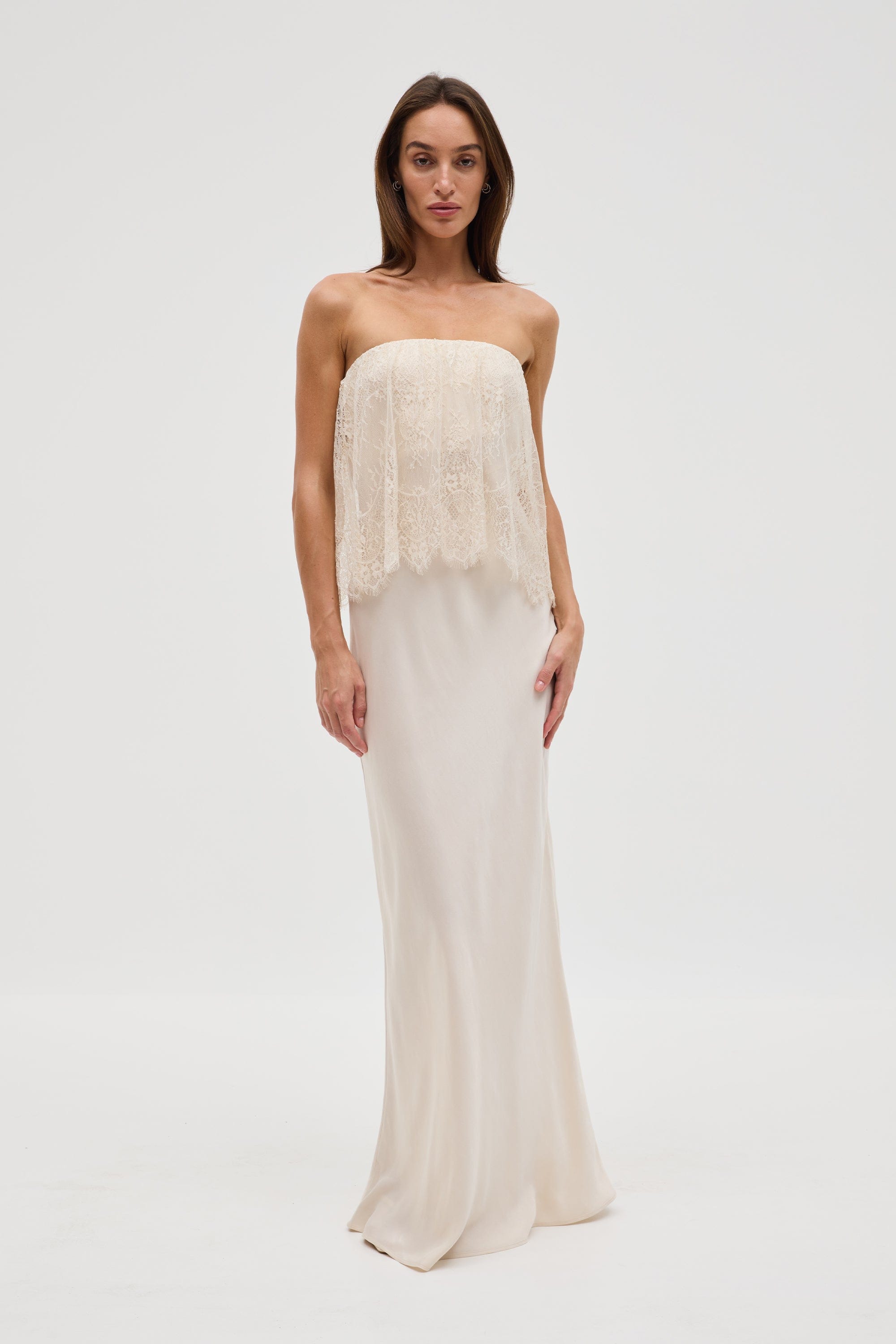 lace strapless maxi dress Norelle Strapless Mixed Laces Pleated Maxi Dress Blush / 2
