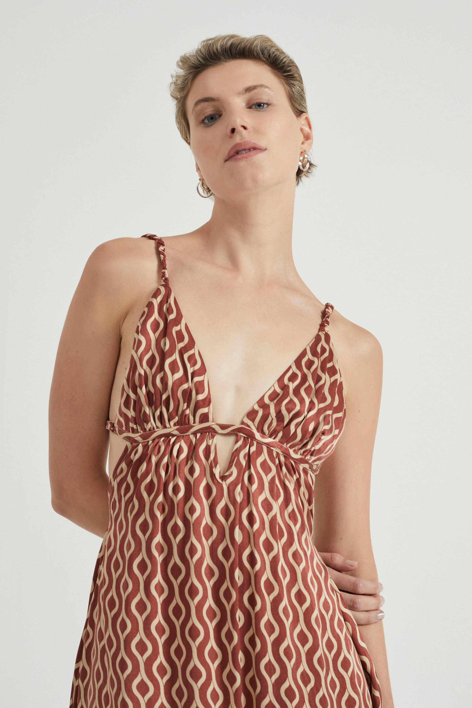 dress with triangle cut out That's My Stripe Crepe Triangle Waist Cut Out Mini Dress