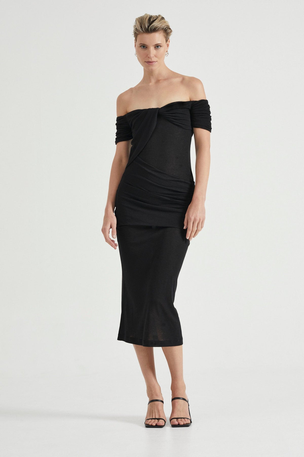 black midi off shoulder dress WIND THROUGH OFF SHOULDER DRESS | BLACK — THIRD FORM