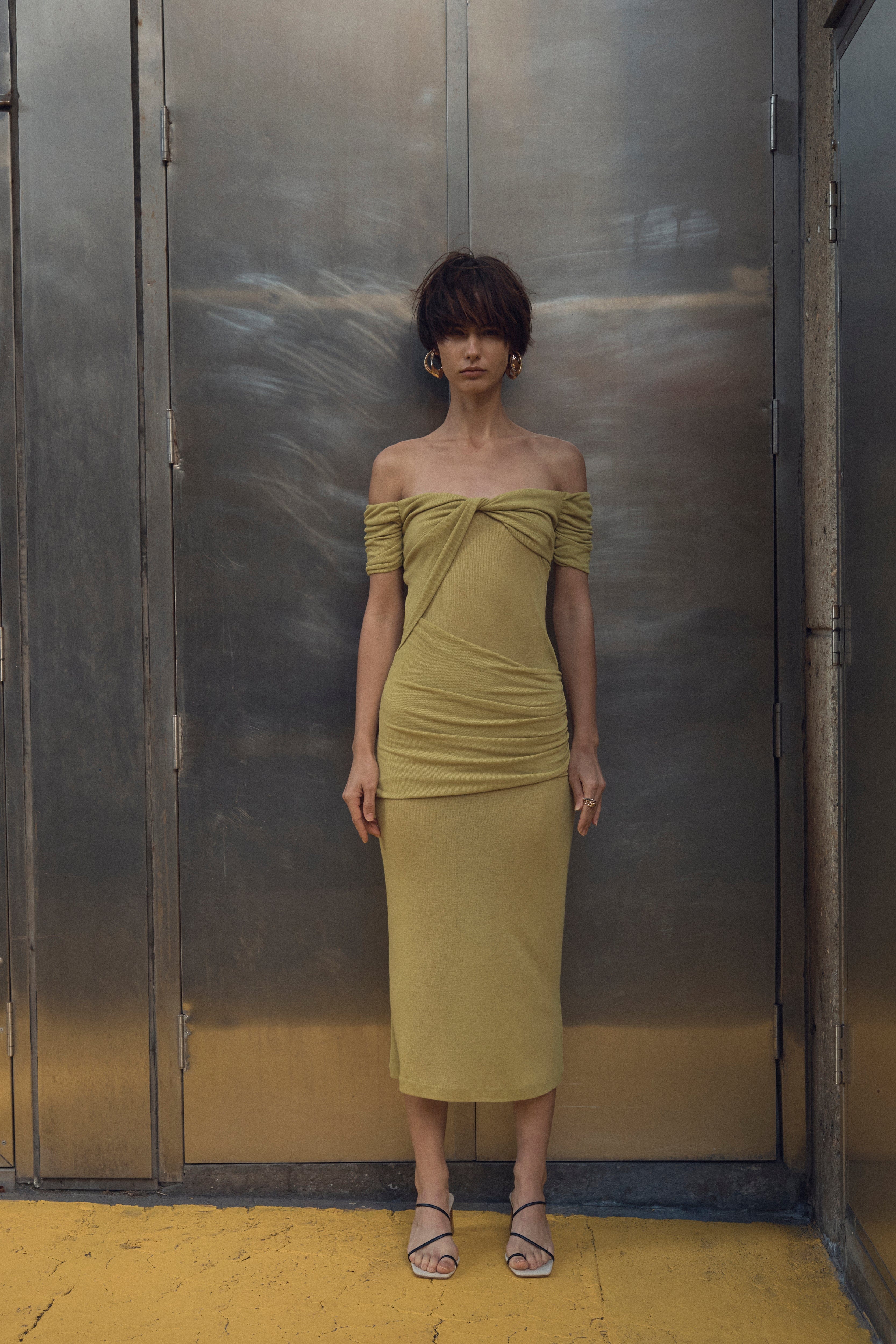 WIND THROUGH OFF SHOULDER DRESS | LIME THIRD FORM - International WIND THROUGH OFF SHOULDER DRESS | LIME THIRD FORM - International